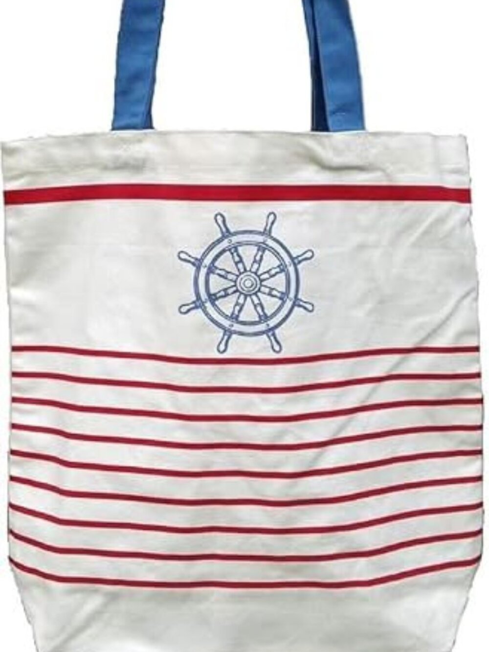 Nautical Striped Canvas Tote Bag with Ship Wheel Design, Red and White Stripes